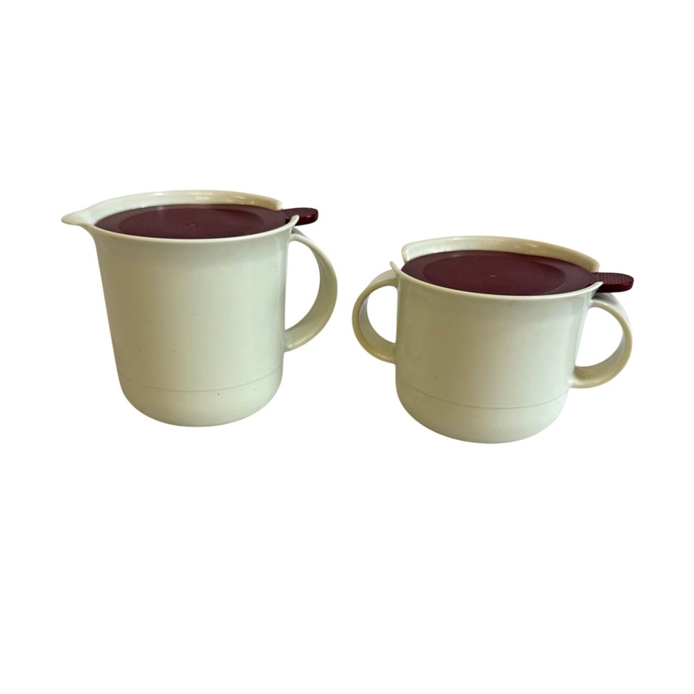 Tupperware Creamer and Sugar Bowl Set with Lids Off White Burgundy 2309A 2310A